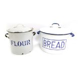 Enamelled kitchen wares, comprising a white and blue bread bin with lid, 22cm high, and a flour tin