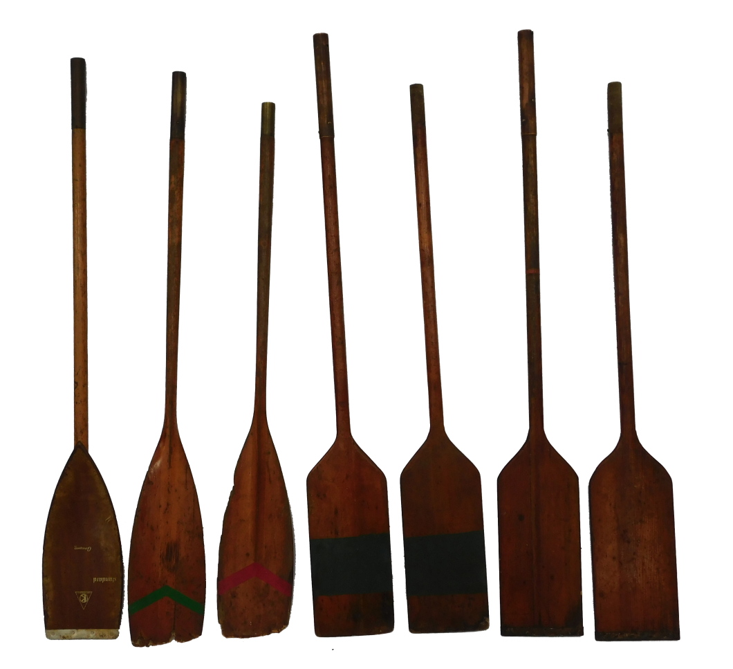 A group of vintage rowing oars, early 20thC onwards, 120cm to 135cm wide. (7)