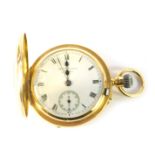 A J W Benson 18ct gold half hunter pocket watch, the gold casing with blue enamel numeric border, op