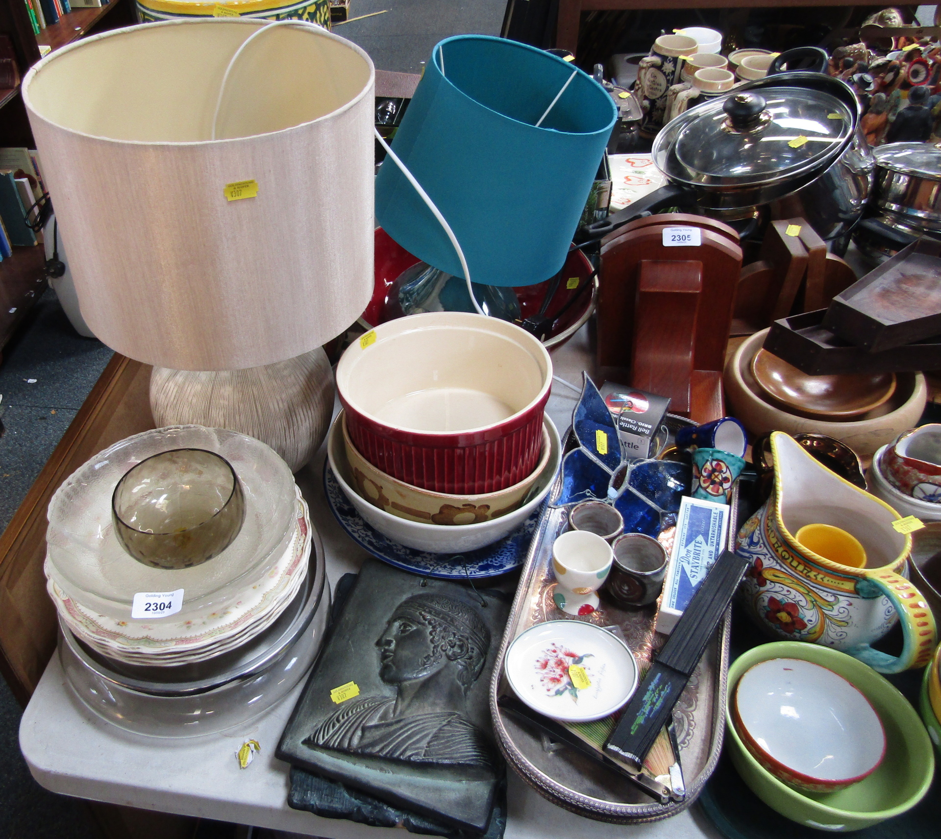 Household wares, comprising two table lamps, salad bowls, plates, umbrella stands, etc. (a quantity)