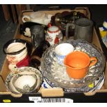 Household china, comprising blue and white cabinet plates, character jug, etc. (1 box)