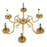A brass six branch handing chandelier, 22cm high, lacking central hanging fitment.