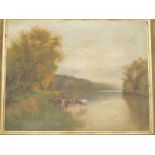 20thC School. Calm river landscape, oil on canvas, indistinctly signed, 49cm x 57cm.