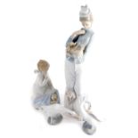 Various Lladro figures, lady holding dog, printed marks beneath, 38cm high, geese and child with sle