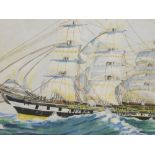 B. Brown (20thC). Ship on stormy seas, watercolour, signed, 26cm x 37cm.