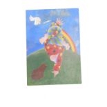 Lea Bason (20thC). Hand standing clown before dove and rainbow, mixed media on board, signed and dat