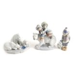 Three Lladro figures, Bearly Love, 01443, 8cm high, and another children on polar bear, etc., printe