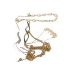 Various necklaces, chains, fancy link bracelet, etc., unmarked, various dimensions. (a quantity)
