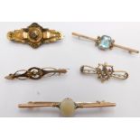Five 9ct gold bar brooches, comprising opal set bar, diamond set bar brooch, and others, 11.6g all i
