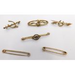Six 9ct gold and other bar brooches, comprising four marked 9ct and two unmarked, two stone set, 11.