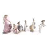 Various Nao figures, lady in hat, 31cm high, children group, girl holding basket, various marks bene