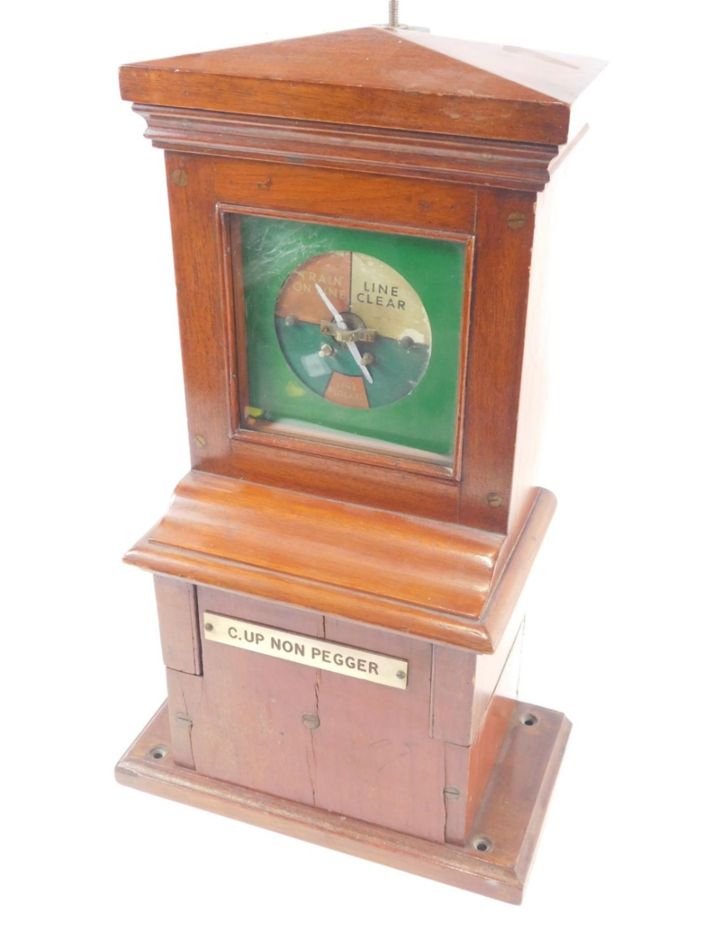 Railway interest. A mahogany cased C. UP Non Pegger train gauge, showing Train On Line, Line Clear,