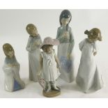 Five various Nao figures, to include girl dressed in finery holding umbrella, 18cm high. (5)