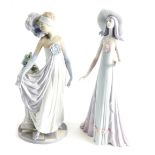 A Lladro figure of a lady, in Art Deco flowing robes, aside pillar of flowers, printed marks beneath