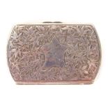 A Victorian silver pill box, engraved overall with leaves surrounding a vacant cartouche, Birmingham