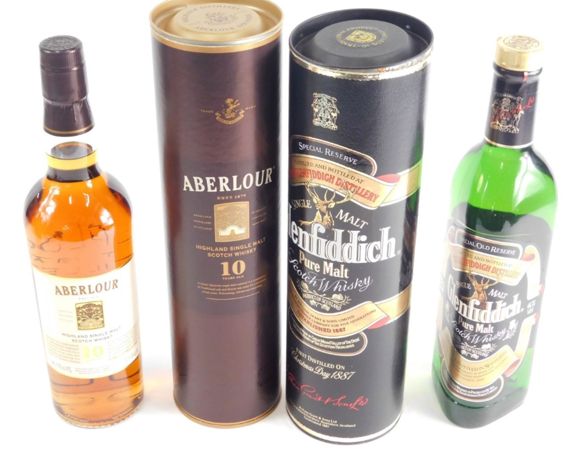 A bottle of Glenfiddich, in cardboard tube, and a bottle of Aberlour ten year old single malt Scotch