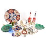 Various pottery and effects, butter dish, pair of Bohemian flash glass red, clear and frosted glass