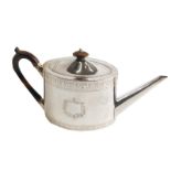 A 19thC silver plated teapot, of oval form, with wooden knop and thumb mould handle, bright cut with