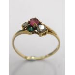 A 9ct gold cluster ring, set with CZ, garnet and emerald, in twist setting on thin band, ring size L