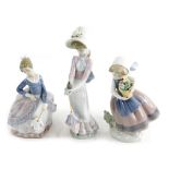 Three various Lladro figures, Garden Song, 07618, 23cm high, and two others, girl holding basket, et