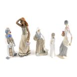 Various Nao and other similar pottery figures, figure of a lady holding a basket aside goose, 25cm h