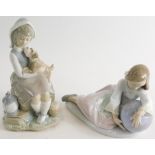 Two Lladro figures, girl aside globe, and another girl aside puppy and lantern, printed marks beneat