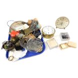 Various boxed watches, clock parts, brass cased clock with Roman numeric dial and Arabic subsidiary