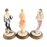 Various Capodimonte figures of ladies, one in flowing purple dress on wooden stand, signed, 27cm hig