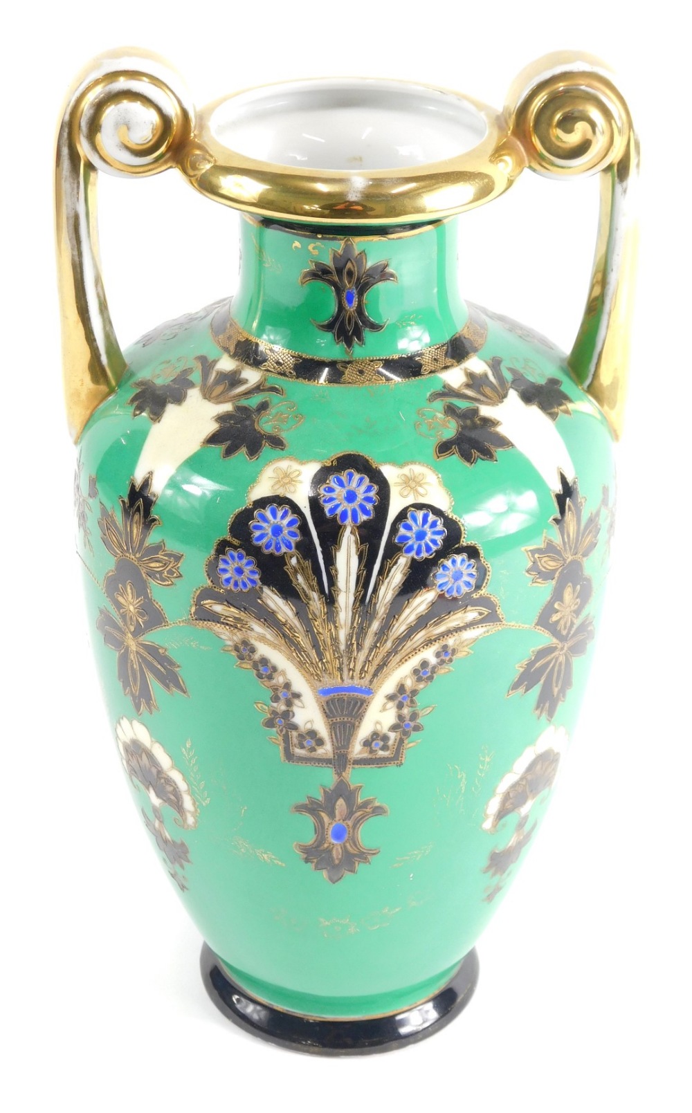 A 20thC Noritake vase, in green with gilt floral and blue glazes, 17cm high.