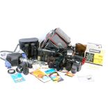 Various cameras and related equipment, binoculars, Pentax A8AH binocular case, 14cm high, various ca