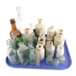 Various stoneware and glass bottles, ink bottles, medicine bottles, 19thC and others, 21cm high, etc