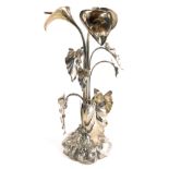 A 19thC silver plated floral centrepiece, with entwined stems, on a shaped base, initialled GER, 49c