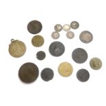 Various coins and associated items, a George III brass guinea token, various low denomination, other