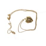 A 9ct gold heart shaped locket, 1.5cm high, attached to an unmarked slender link necklace, 5.5g all