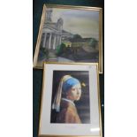 After Vermeer. Girl with Pearl Earring, print, and an oil on board, town scape. (2)