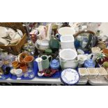 Various pottery and effects, seashell chamber pot, planters, circular wooden mirror, various other m