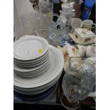 Pottery, glassware, etc., three pressed moulded jugs, part dinner service, cheese dish, oval blue an