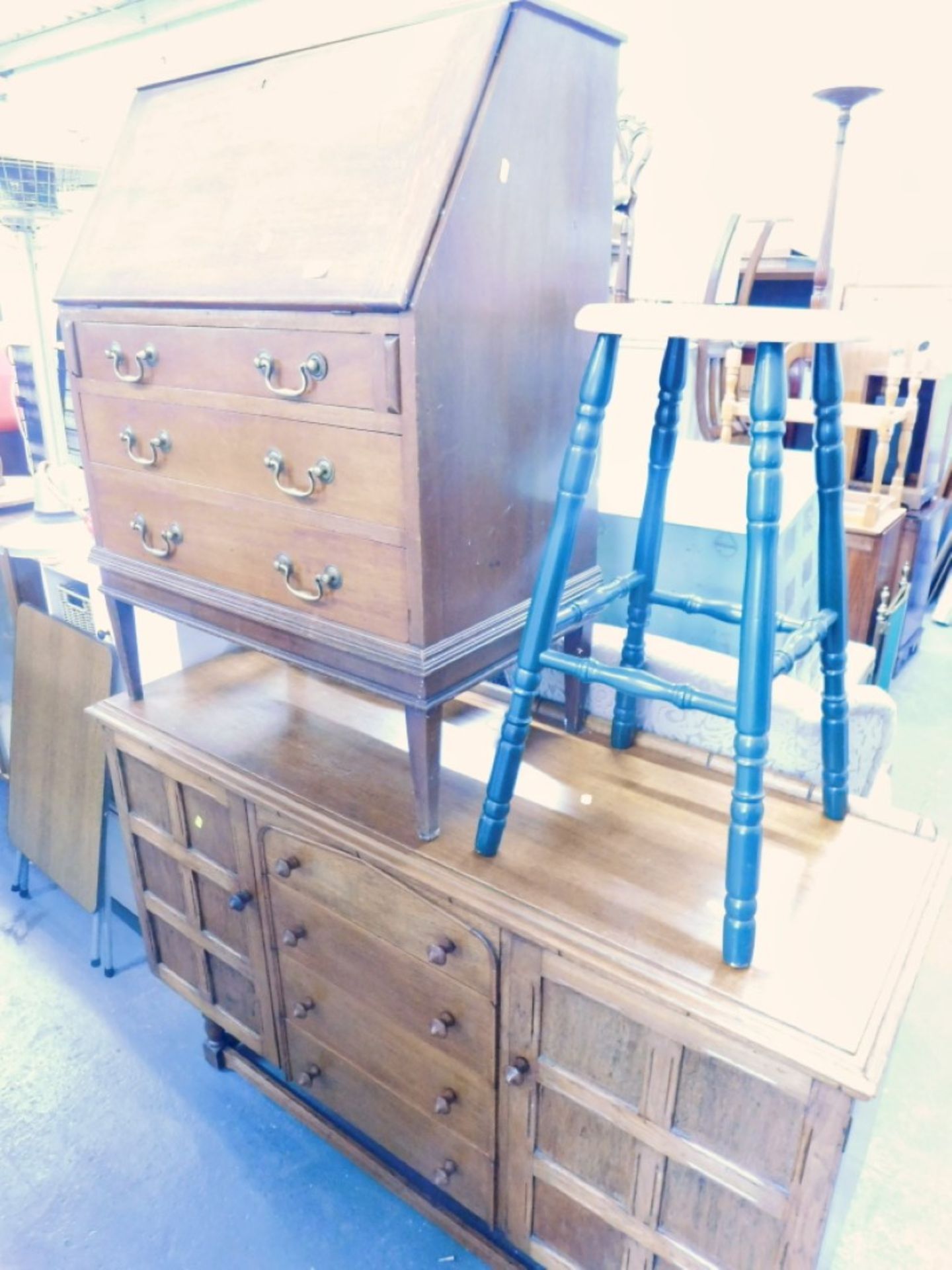 Various furniture, mahogany bureau, turned stool and an oak sideboard.