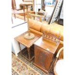 Various furniture, an Edwardian walnut pedestal cabinet with galleried back, smoker's stand, oak sid