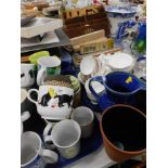 Various pottery and effects, cups, Royal Kent part tea service, Dutch clog, jug, carved desk tidy, e