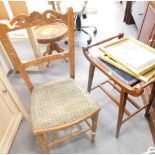 Two Japanese prints, bedroom chair and a mahogany stool, with curved handles.