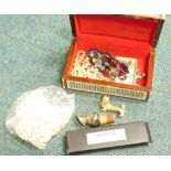 A tin, small bell, brass pierced dish, cigarette case, jewellery box, etc. (a quantity)