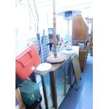 Display cabinet, lamp stand, patio heater and electric light with two cone shades. WARNING! This lot