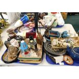 Various pottery and effects, flask, Poratz wall clock, with Friendship book, various ornaments, teap