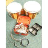 A pair on bongo drums, various costume jewellery, cash tin, bracelets, etc. (a quantity)