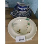 Transfer printed ware, jug, blue and white china, Royal Doulton The Coppice bowls. (a quantity)
