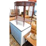 A 1950's painted kitchen cabinet with metal top and two quarter side tables.