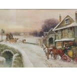 Thomas Blinks (1860-1912). Winter scene, carriages on a bridge before tavern, watercolour, signed, 2