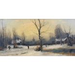 Niles H. Christiansen (1850-1922). Winter landscape, figures on a path before cottages and a spire,