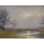 Jenny Morgan (20thC). Calm river landscape, birds in flight, oil on canvas, signed, 45cm x 65cm.